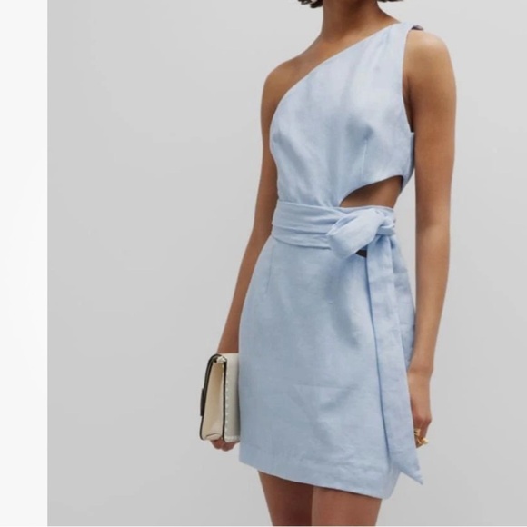 BONDI BORN Dresses & Skirts - Bondi Born Mytros cutout blue 100% organic linen wrap sash mini dress